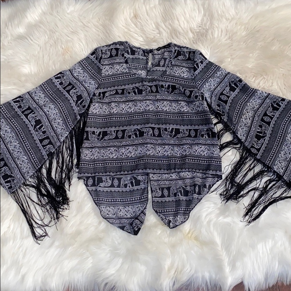 See You Monday elephant print bell sleeve fringe